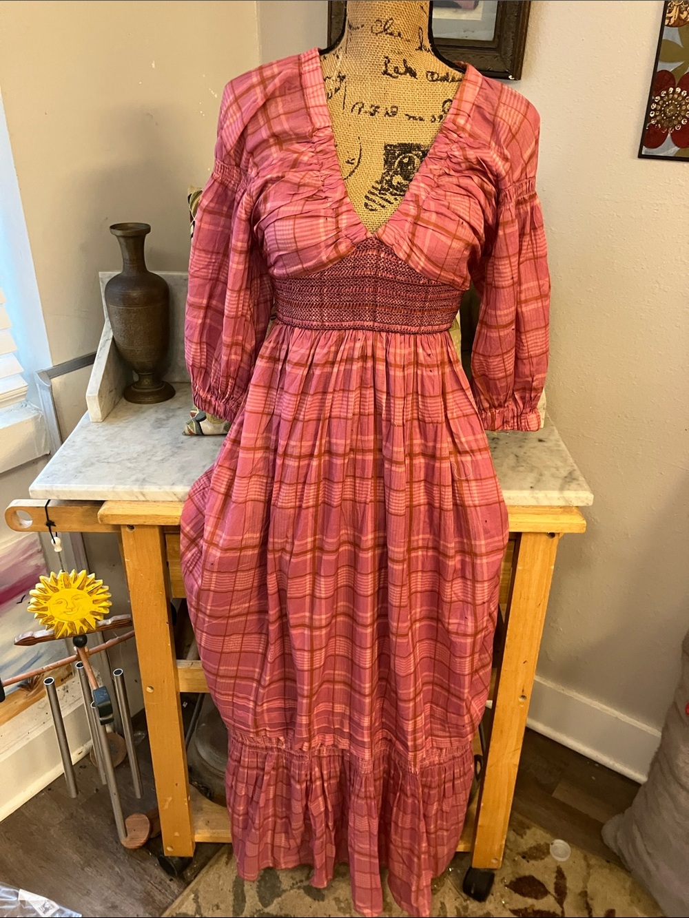 Free People Pink Plaid V‑Neck Smocked Maxi Dress Light Sexy Gorgeous!! XS